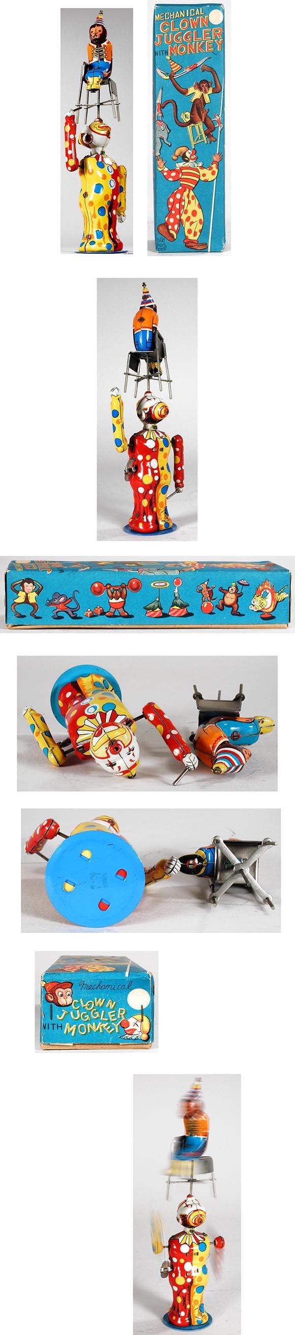 c.1959 T.P.S., Mechanical Clown Juggler with Monkey in Original Box